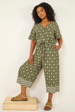 Roman Petite Khaki Border Print Cropped Jumpsuit