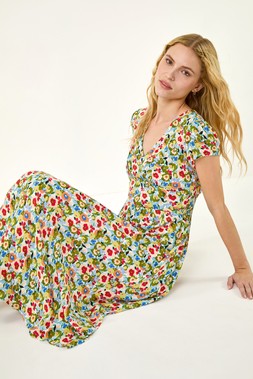 Roman Blue Floral Print Tea Midi Dress