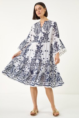 Roman Beaded Tassel Trim Smock Dress