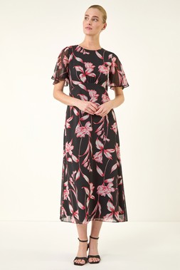 Roman Red Floral Flutter Sleeve Dress