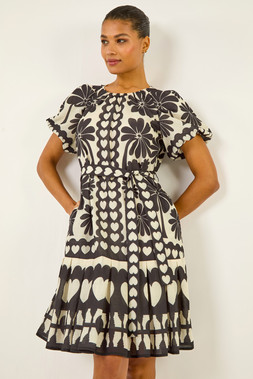 Roman Black Floral Heart Pleated Dress