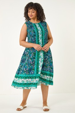Roman Curve Blue Paisley Print Midi Dress