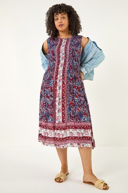 Roman Curve Red Paisley Print Midi Dress