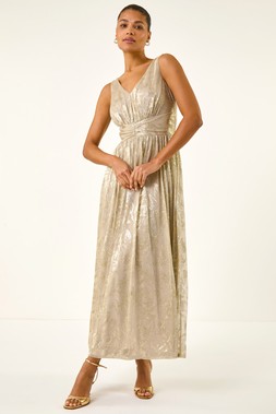 Roman Foil Print Twist Front Stretch Midi Dress