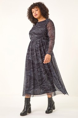 Roman Curve Black Abstract Swirl Midi Dress