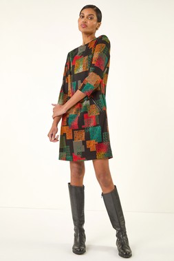 Roman Copper Geo Print Shift Stretch Dress