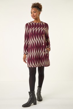 Roman Wine Zig Zag Side Buttoned Dress