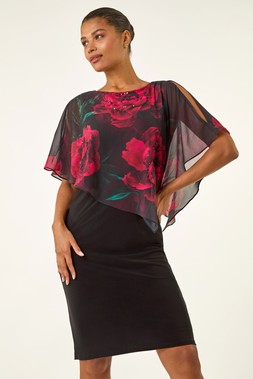 Roman Black Floral Overlay Premium Stretch Dress