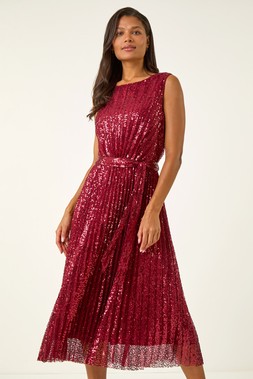 Roman Red Sequin Detail Pleated Midi Dress