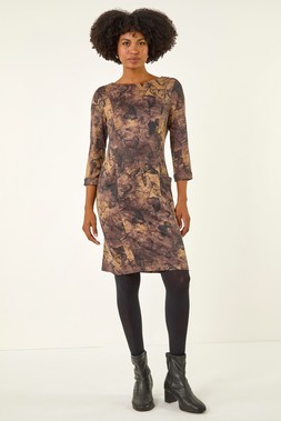 Roman Tan Butterfly Pocket Stretch Shift Dress