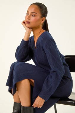 Roman Petite Navy V-Neck Knit Midi Dress