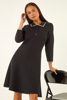 Roman Petite Black Collared Knit Dress