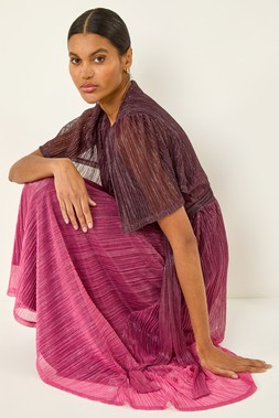 Roman Wine Ombre Shimmer Plisse Midi Dress