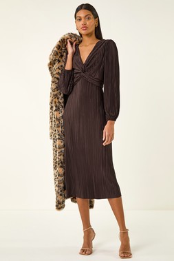 Roman Chocolate Plisse Twist Front Midi Dress