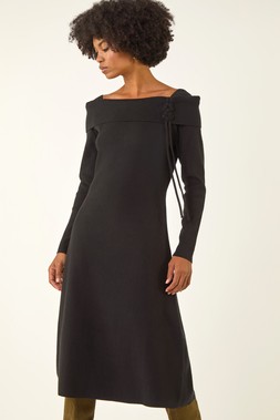 Roman Black Floral Bardot Knit Midi Dress