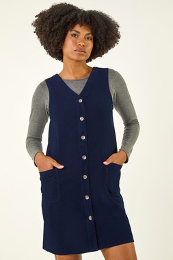Roman Navy Cotton V-Neck Button Pocket Dress