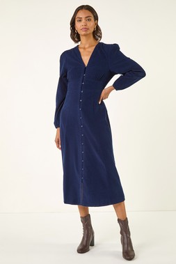 Roman Navy Corduroy Button Through Midi Dress