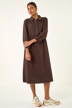 Roman Chocolate Zip Front Collared Midi Dress