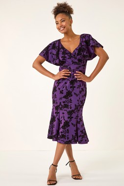 Roman Purple Glitter Floral Flocked Flutter Dress