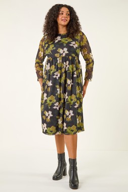 Roman Curve Green Floral Print Mesh Midi Dress