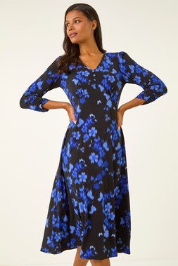 Roman Royal Blue Floral Print Button Midi Dress