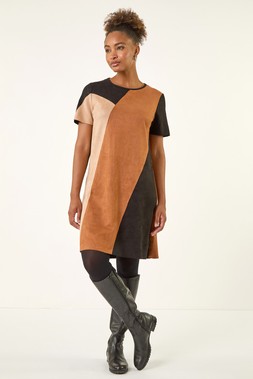 ROman Amber Panelled Faux Suede Shift Stretch Dress
