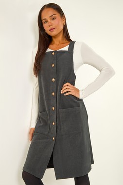 Roman Petite Grey Corduroy Pinafore Dress