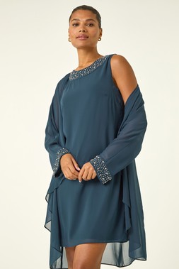 Roman Teal Embellished Shift Dress & Shrug