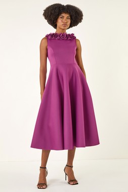 Roman Magenta Chiffon Flower Trim Premium Stretch Dress