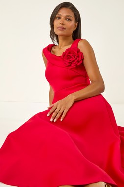 Roman Red Corsage Premium Stretch Midi Dress
