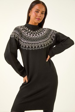 Roman Petite Black Fairisle Knit Dress