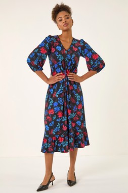 Roman Blue Floral Print Lace Trim Midi Dress