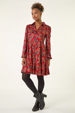 Roman Red Floral Print Button Stretch Dress