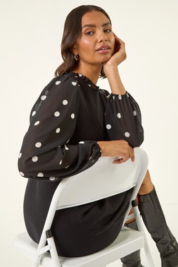 Roman Black Spot Print Frill Knitted Dress