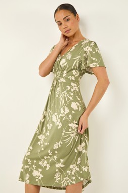 Roman Petite Khaki Floral Shirred Waist Dress