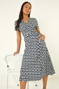Roman Petite Blue Geometric Tie Waist Wrap Dress