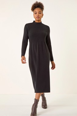 Roman Black Ribbed Knit High Neck Midi Dress