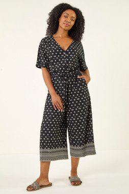 Roman Petite Black Border Print Cropped Jumpsuit