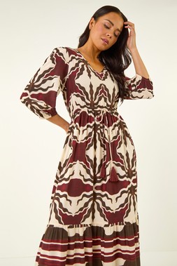 Roman Petite Chocolate Abstract Print V-Neck Midi Dress