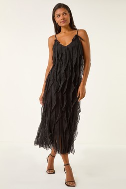 Dusk Black Frill Stretch Maxi Dress