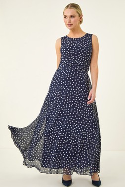Roman Petite Navy Spot Print Ruched Maxi Dress