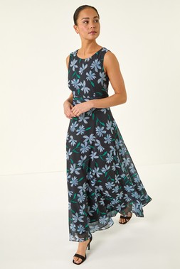 Roman Petite Black Floral Ruched Waist Maxi Dress