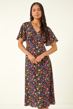 Roman Petite Black Ditsy Floral Print Midi Dress