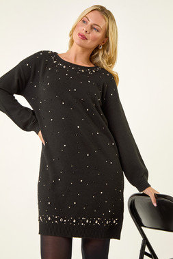 Roman Petite Black Embellished Knit Dress