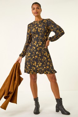 Roman Gold Floral Print Frill Stretch Dress