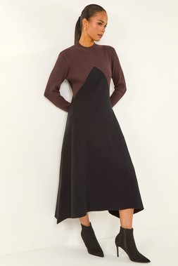 Roman Petite Black Contrast Knit Midi Dress