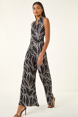Roman Black Abstract Leaf Print Crossover Jumpsuit
