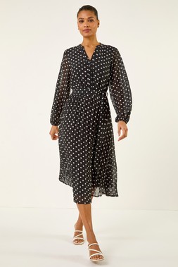 Roman Black Spot Print Pleated Midi Dress