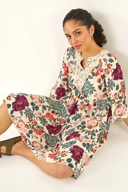 Roman Floral Trim Smock Dress