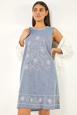 Roman Denim Embroidered Swing Mini Dress